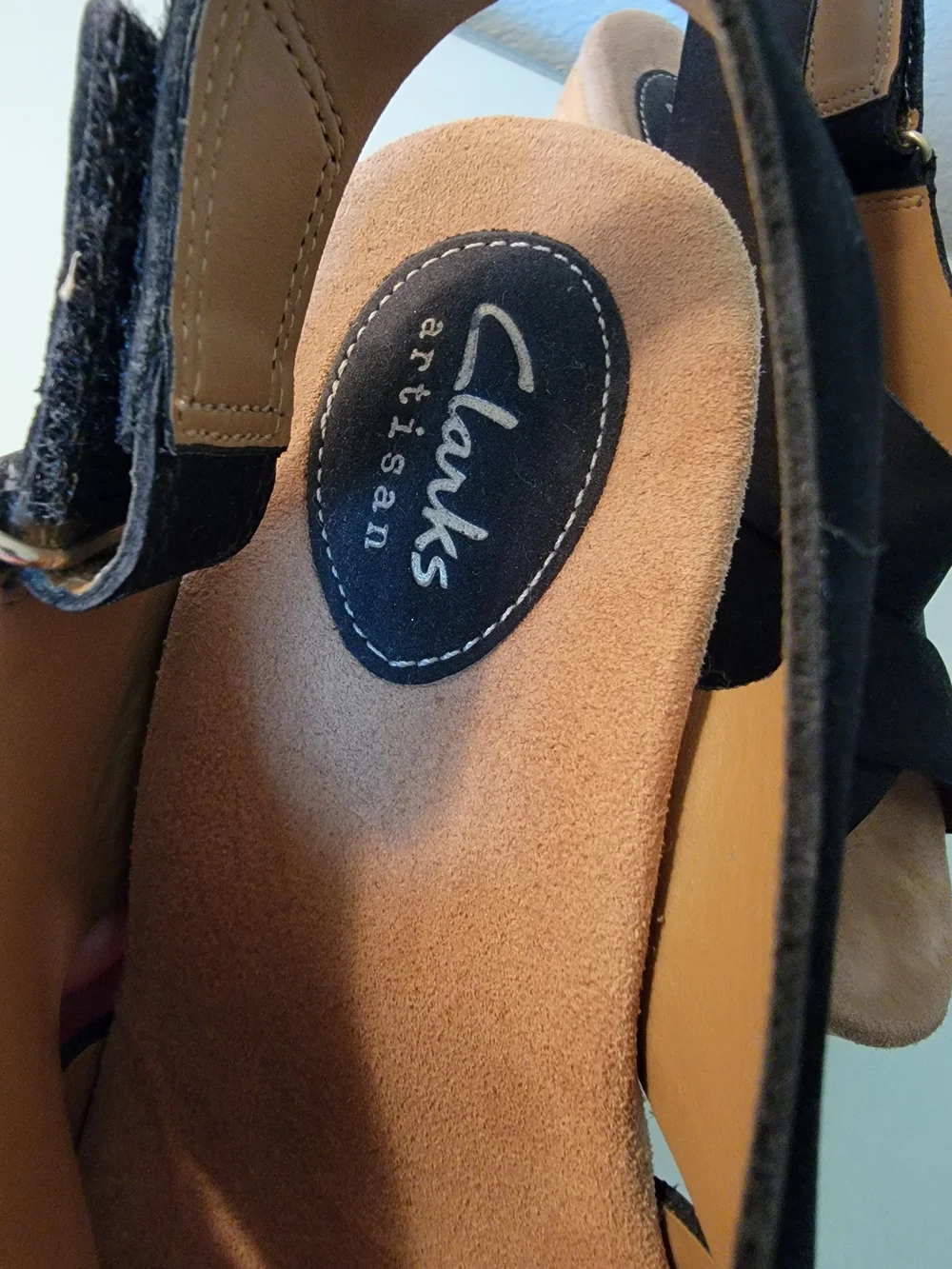 Clarks Artisan Black Suede Cork Wedge Slingback Sandals